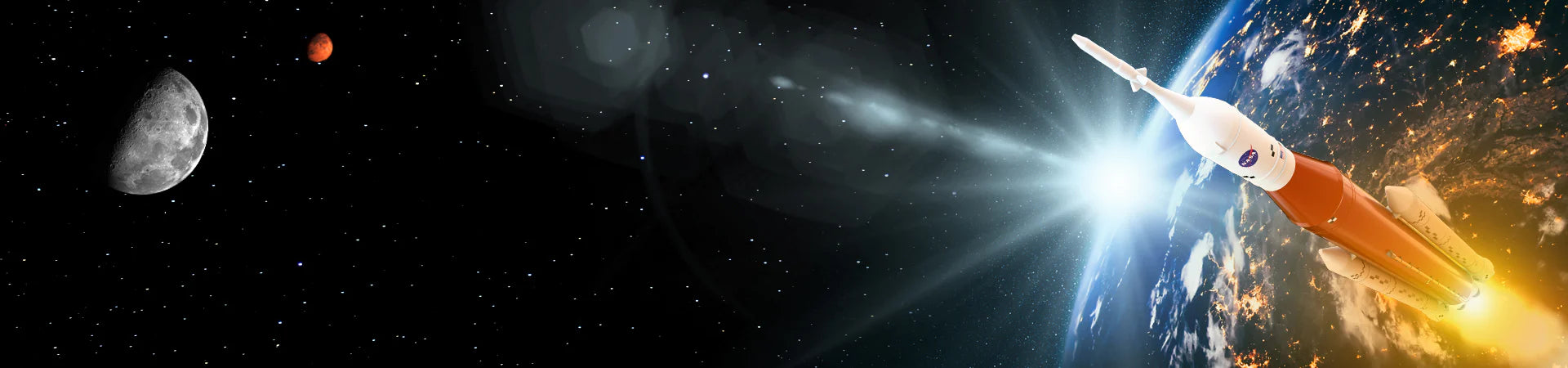 Rocket floating through outer space with earth and the moon in the background