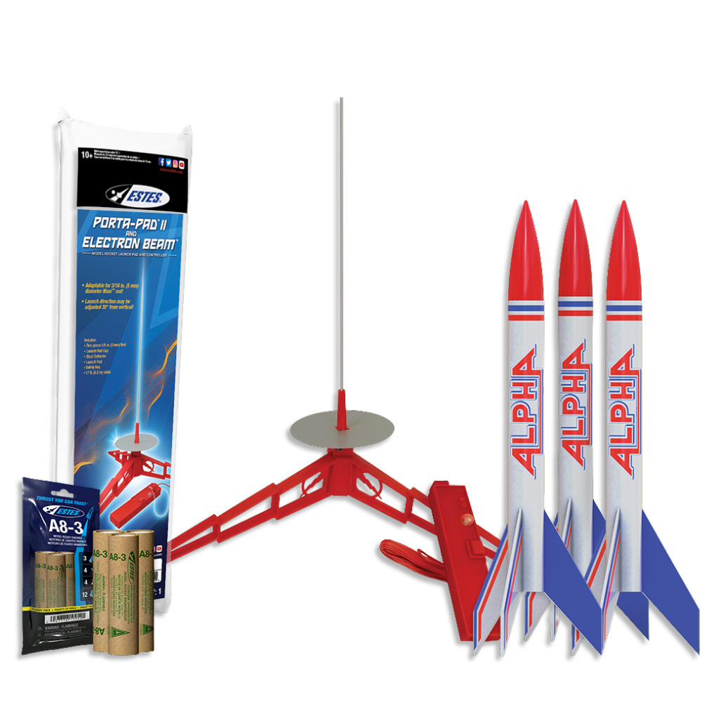 Intro to Rocketry Educator Bundle Contents - 3 Alpha Rockets, 1 Porta-Pad II Launch Pad with Electron Beam Controller, 1 A8-3 Engines Flight Pack