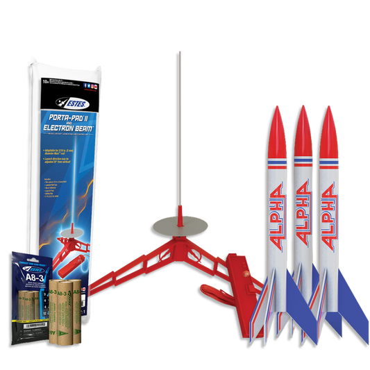 Intro to Rocketry Educator Bundle Contents - 3 Alpha Rockets, 1 Porta-Pad II Launch Pad with Electron Beam Controller, 1 A8-3 Engines Flight Pack